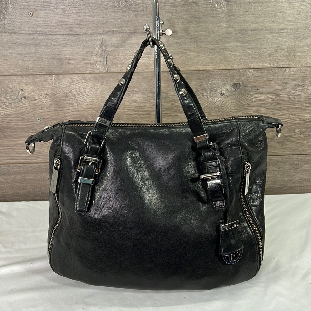 Michael Kors Black Leather Satchel Bag with Silver Studs